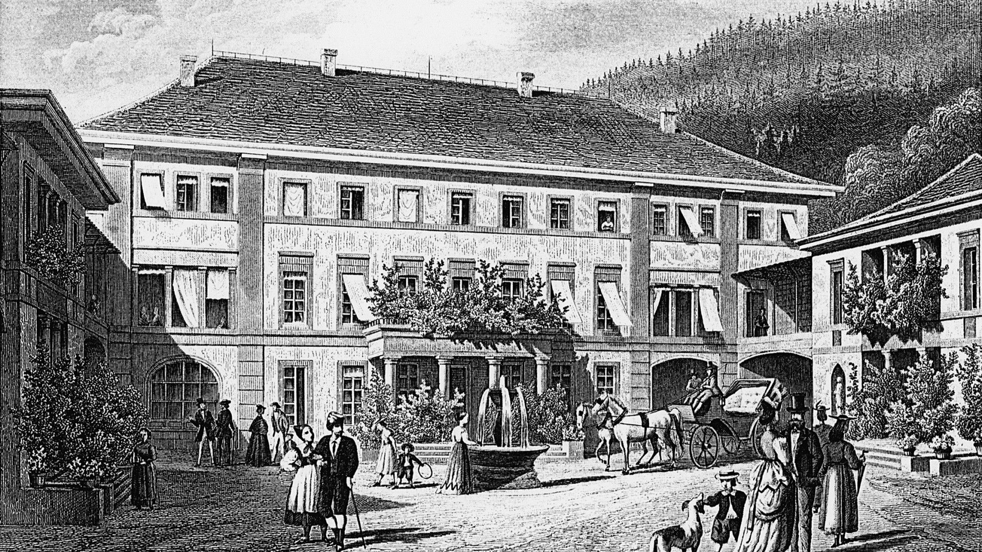 Historische Zeichnung des Wellnesshotels Bad Teinach mit Springbrunnen, Kutsche und Spaziergängern aus dem 19. Jahrhundert