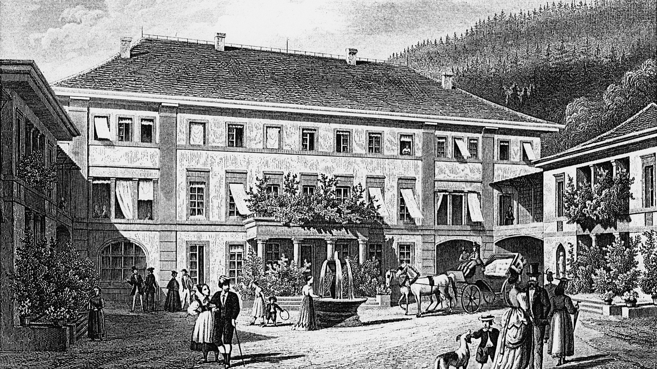 Historische Zeichnung des Wellnesshotels Bad Teinach mit Springbrunnen, Kutsche und Spaziergängern aus dem 19. Jahrhundert