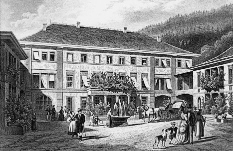 Historische Zeichnung des Wellnesshotels Bad Teinach mit Springbrunnen, Kutsche und Spaziergängern aus dem 19. Jahrhundert