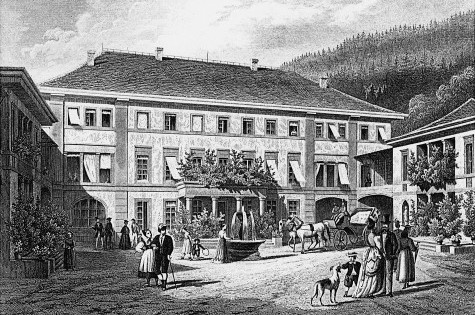 Historische Zeichnung des Wellnesshotels Bad Teinach mit Springbrunnen, Kutsche und Spaziergängern aus dem 19. Jahrhundert