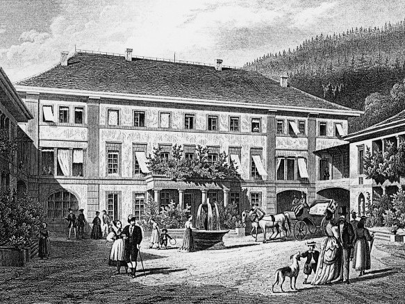 Historische Zeichnung des Wellnesshotels Bad Teinach mit Springbrunnen, Kutsche und Spaziergängern aus dem 19. Jahrhundert