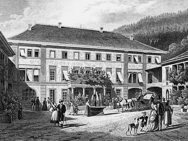 Historische Zeichnung des Wellnesshotels Bad Teinach mit Springbrunnen, Kutsche und Spaziergängern aus dem 19. Jahrhundert