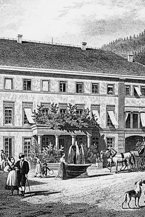 Historische Zeichnung des Wellnesshotels Bad Teinach mit Springbrunnen, Kutsche und Spaziergängern aus dem 19. Jahrhundert