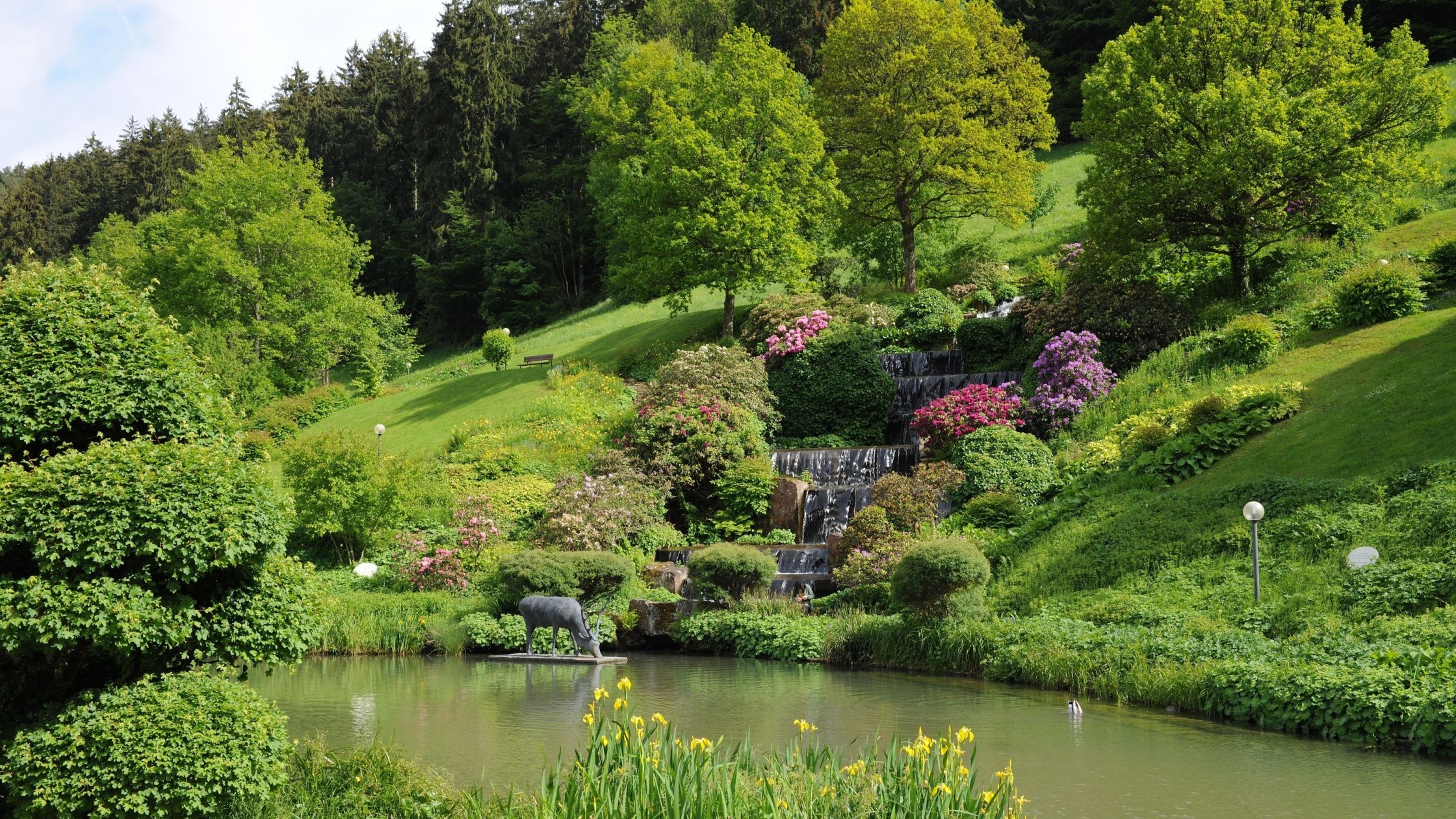 Idyllischer Hotelgarten mit Wasserfall und blühenden Büschen