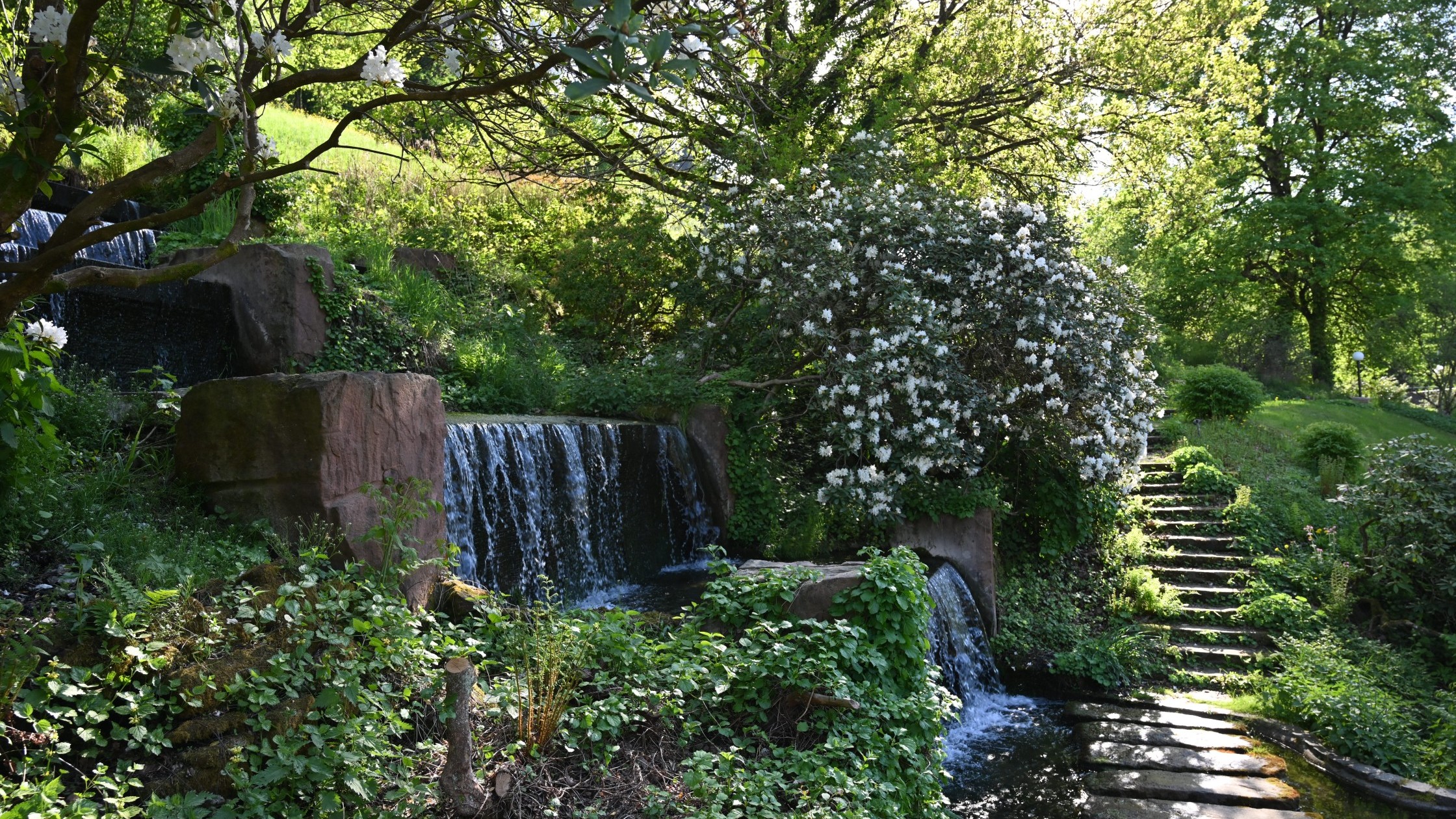 Romantischer Wasserfall im blühenden Hotelgarten