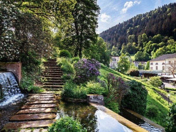 Blühender Hotelgarten mit Wasserlauf, Steintreppe und Blick auf umliegende Gebäude