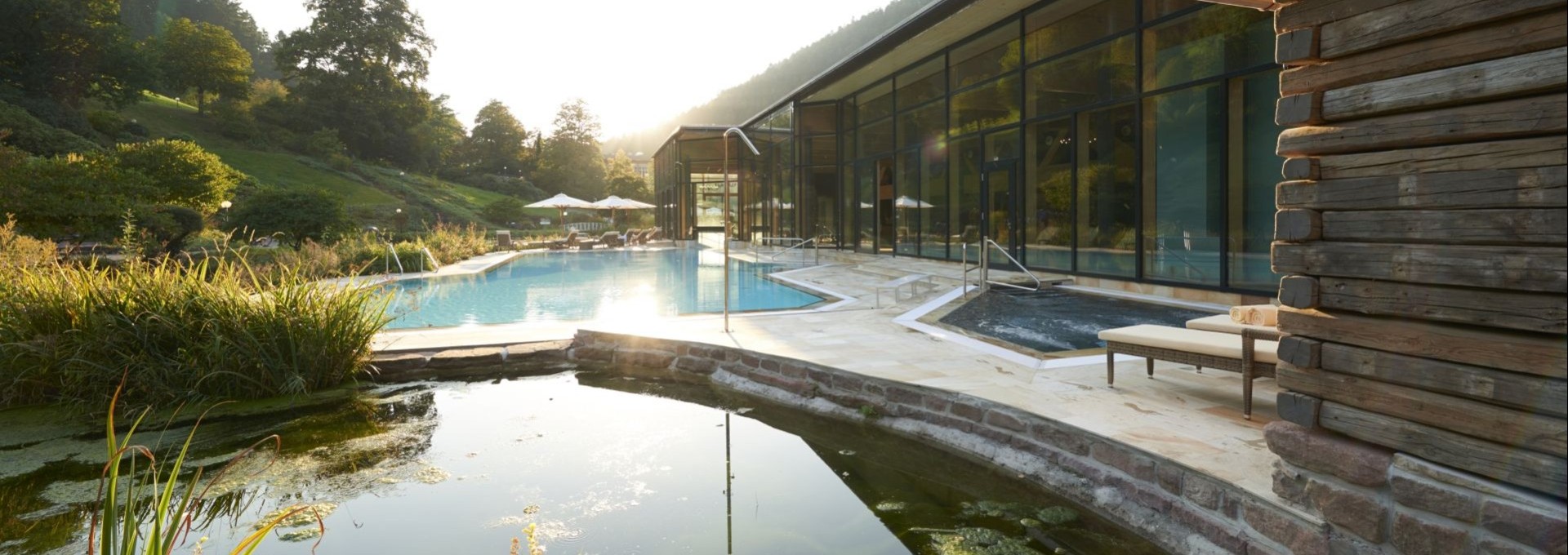 Außenpool des Wellnessbereichs mit Blick auf Naturteich und sonnige Schwarzwaldlandschaft