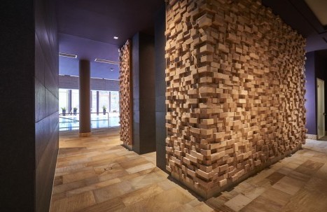 Moderner Spa-Flur mit kunstvoller Holzverkleidung an der Wand