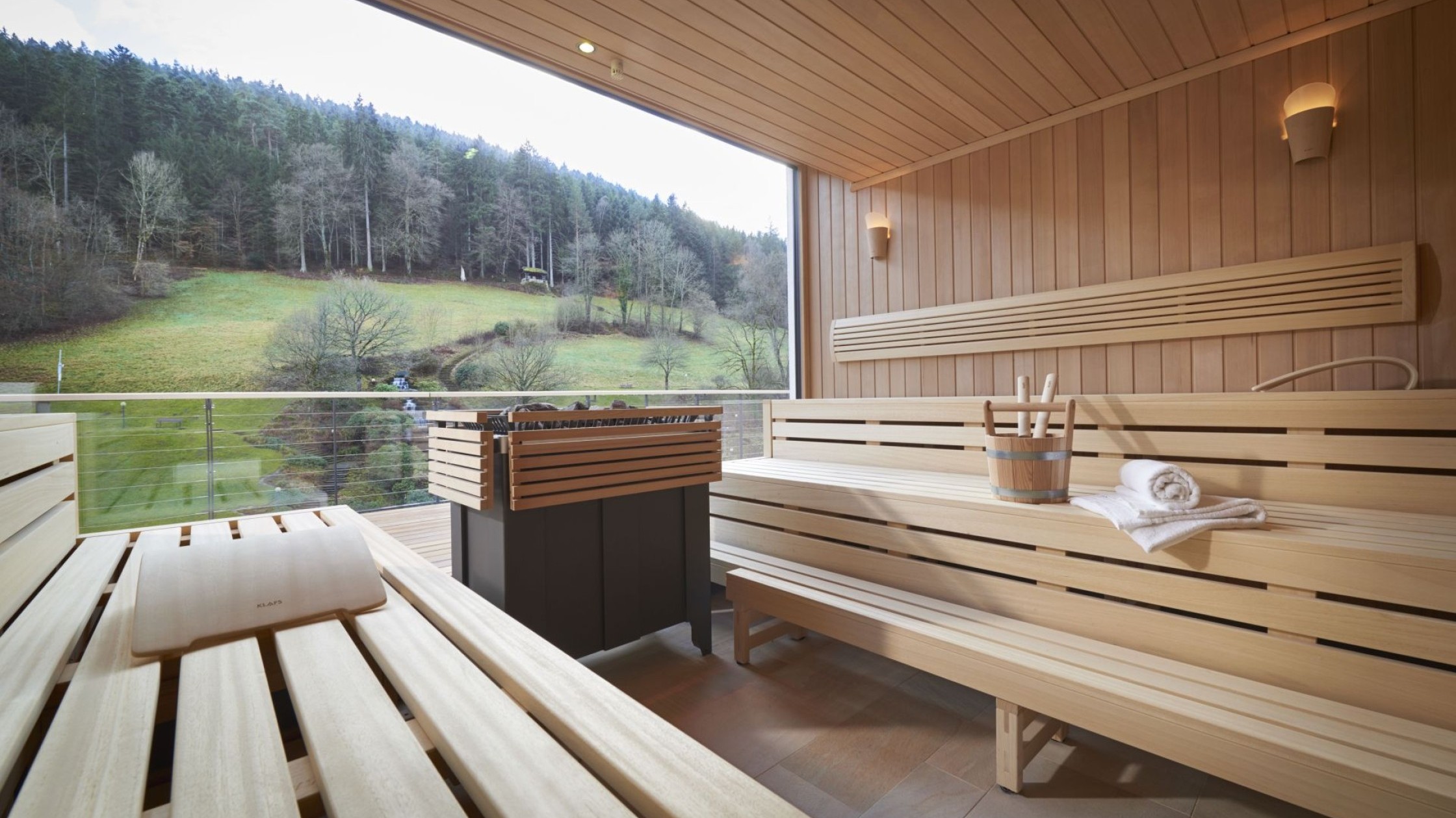 Panoramasauna mit Holzinterieur und Ausblick auf die grüne Landschaft