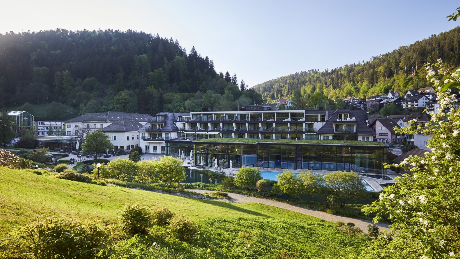 Panoramablick auf das Hotel Therme Bad Teinach mit Pool und umliegender Natur